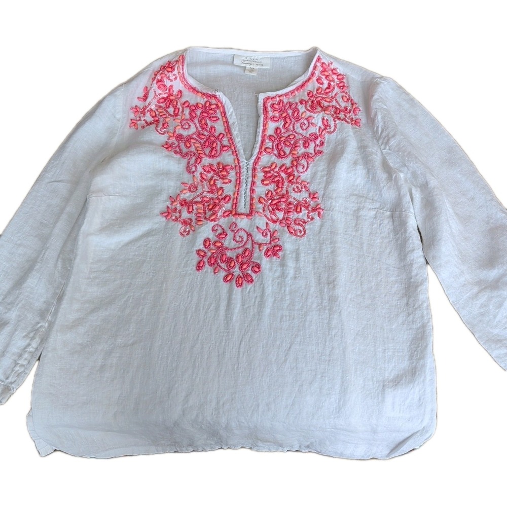 Charter Club Women's Luxury Petite (XS) Peasant Blouse White With Pink Embellish